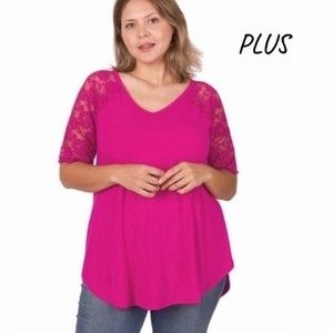 SOLD NEW Magenta V-Neck Top with Lace 3/4 sleeve & Round Hem - Size 2X